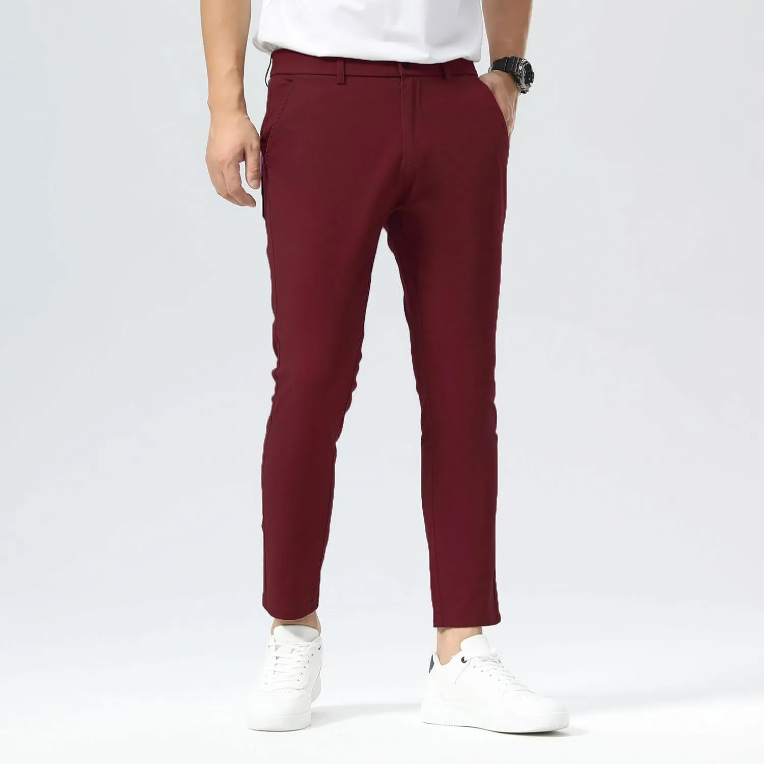 Plaid&Plain Men's Slim Fit Khaki Pants Stretch Cropped Chino Skinny Pants