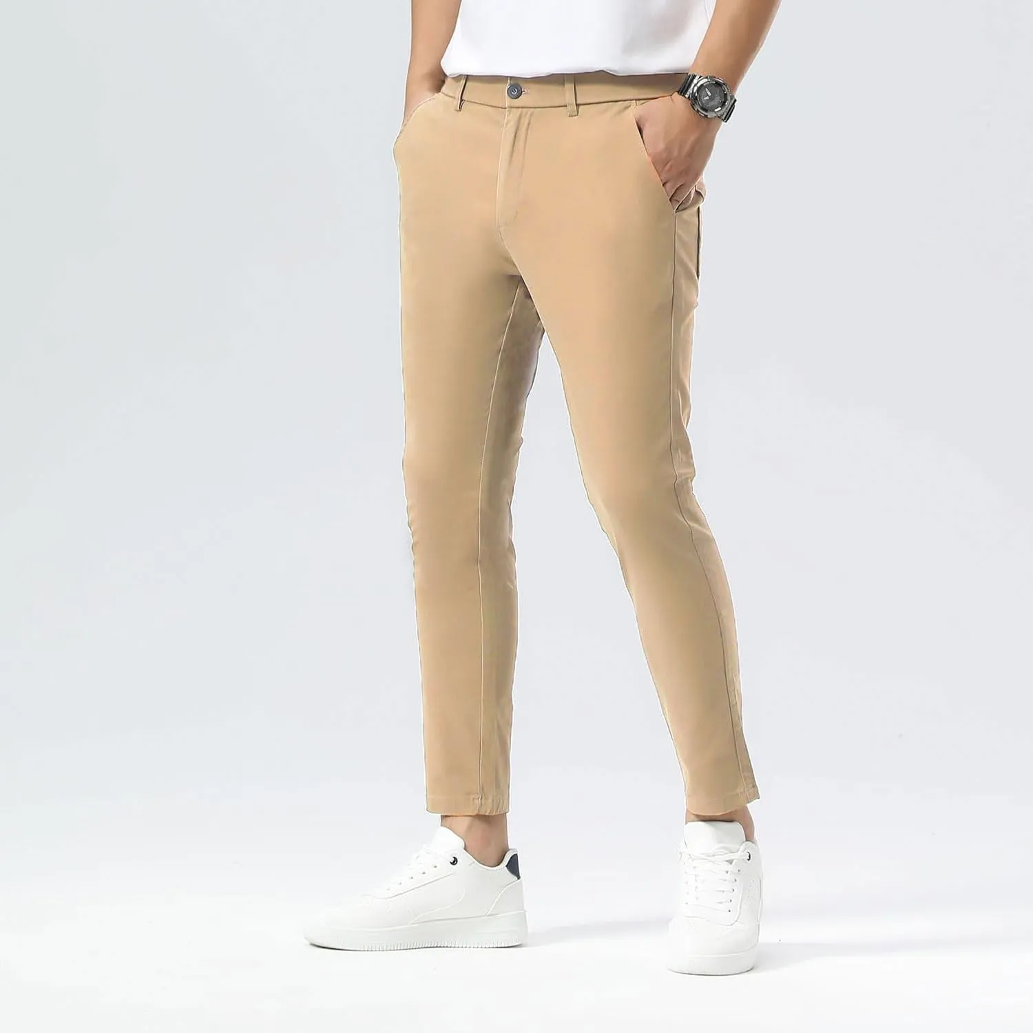 Plaid&Plain Men's Slim Fit Khaki Pants Stretch Cropped Chino Skinny Pants