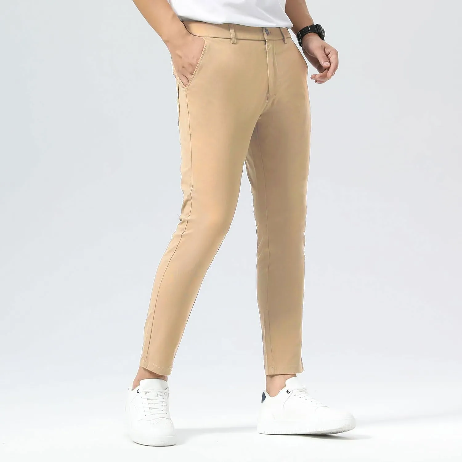 Plaid&Plain Men's Slim Fit Khaki Pants Stretch Cropped Chino Skinny Pants