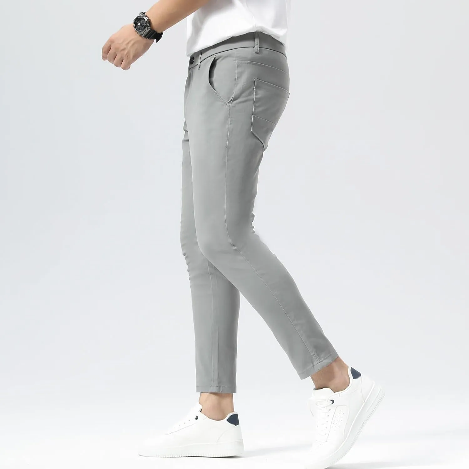 Plaid&Plain Men's Slim Fit Khaki Pants Stretch Cropped Chino Skinny Pants