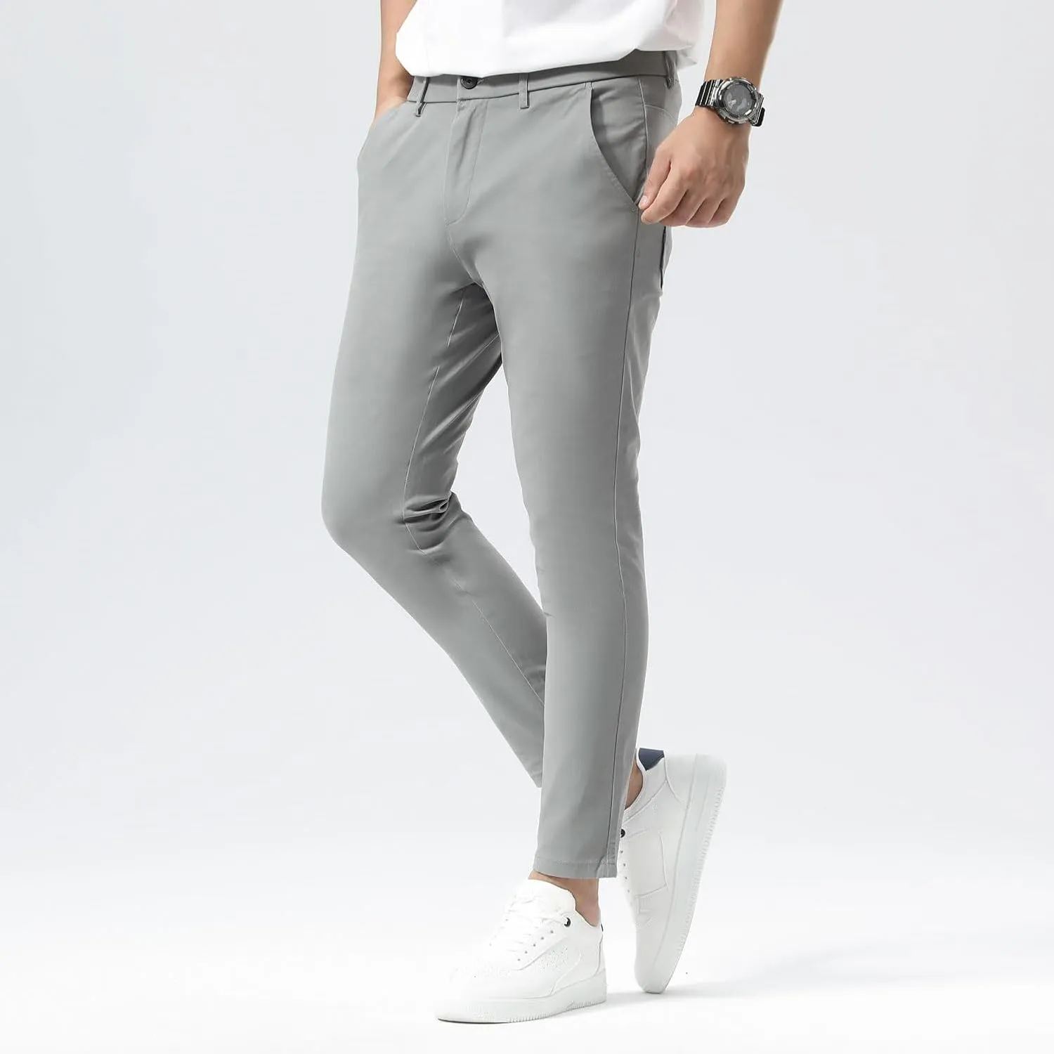 Plaid&Plain Men's Slim Fit Khaki Pants Stretch Cropped Chino Skinny Pants