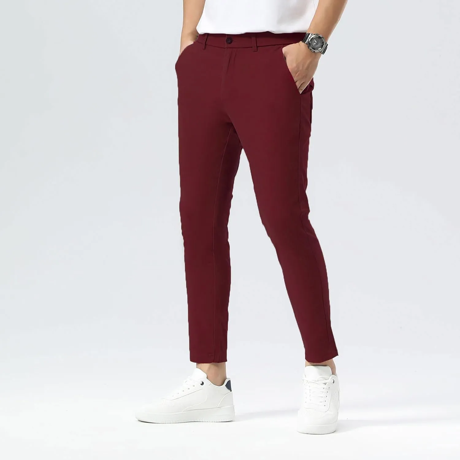 Plaid&Plain Men's Slim Fit Khaki Pants Stretch Cropped Chino Skinny Pants