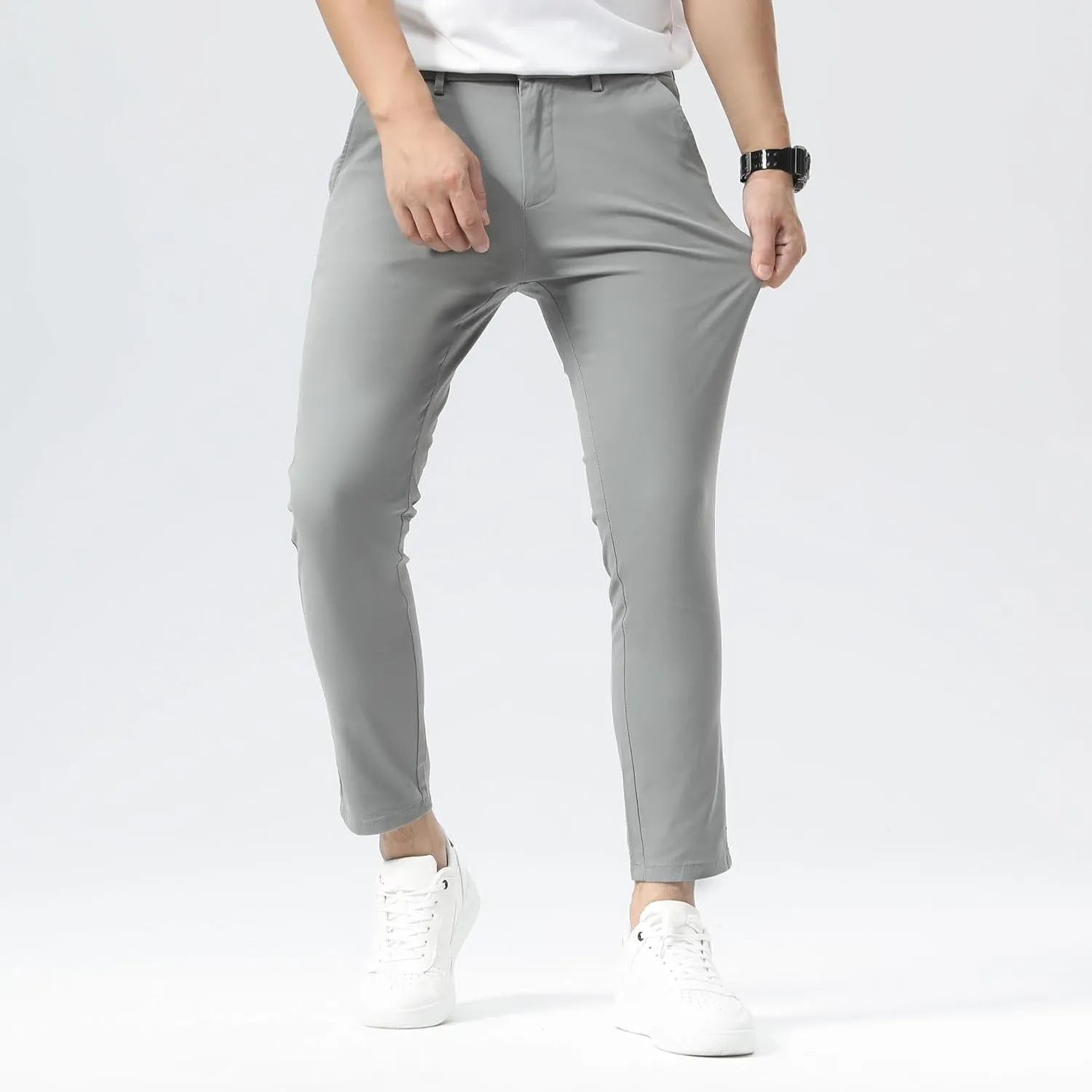 Plaid&Plain Men's Slim Fit Khaki Pants Stretch Cropped Chino Skinny Pants