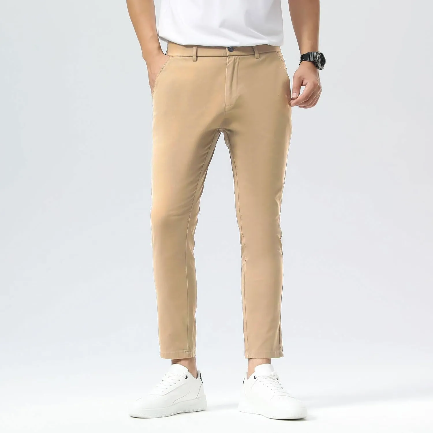 Plaid&Plain Men's Slim Fit Khaki Pants Stretch Cropped Chino Skinny Pants