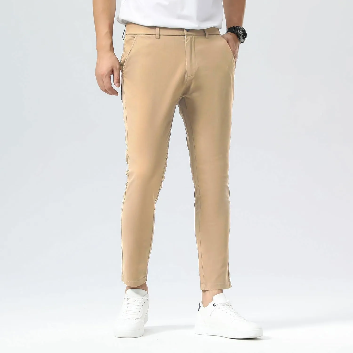 Plaid&Plain Men's Slim Fit Khaki Pants Stretch Cropped Chino Skinny Pants