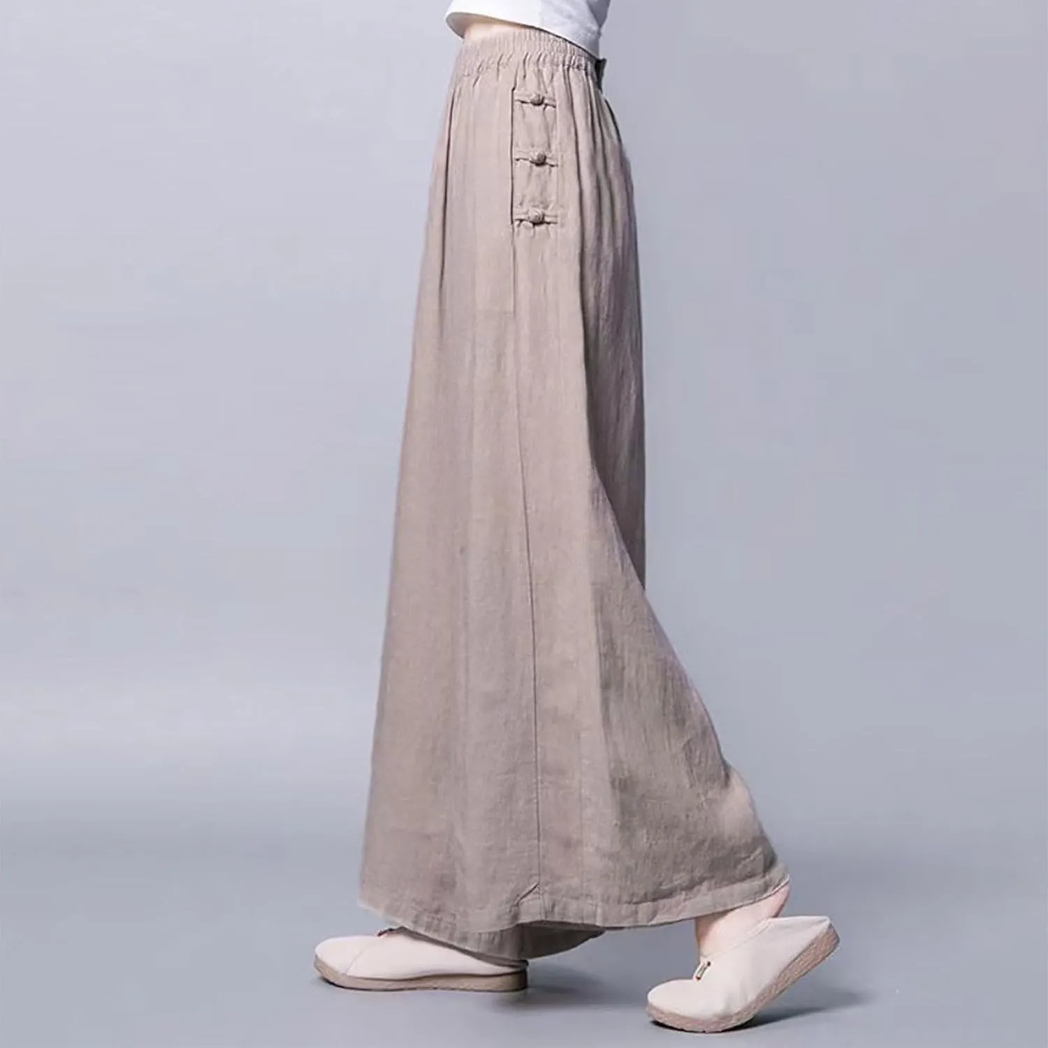 Plus Size Cotton Linen Pants for Women Wide Leg Palazzo Pants Elastic High Waist Flowy Trouser with Pocket