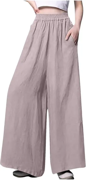 Plus Size Cotton Linen Pants for Women Wide Leg Palazzo Pants Elastic High Waist Flowy Trouser with Pocket