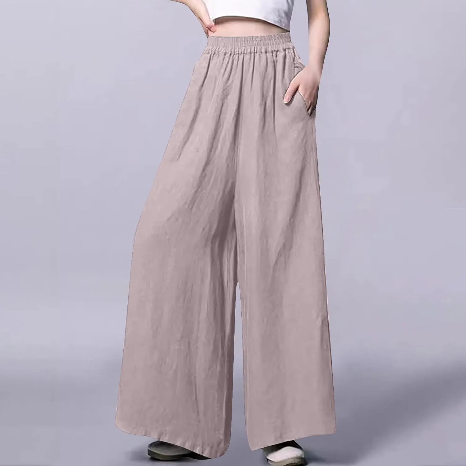 Plus Size Cotton Linen Pants for Women Wide Leg Palazzo Pants Elastic High Waist Flowy Trouser with Pocket