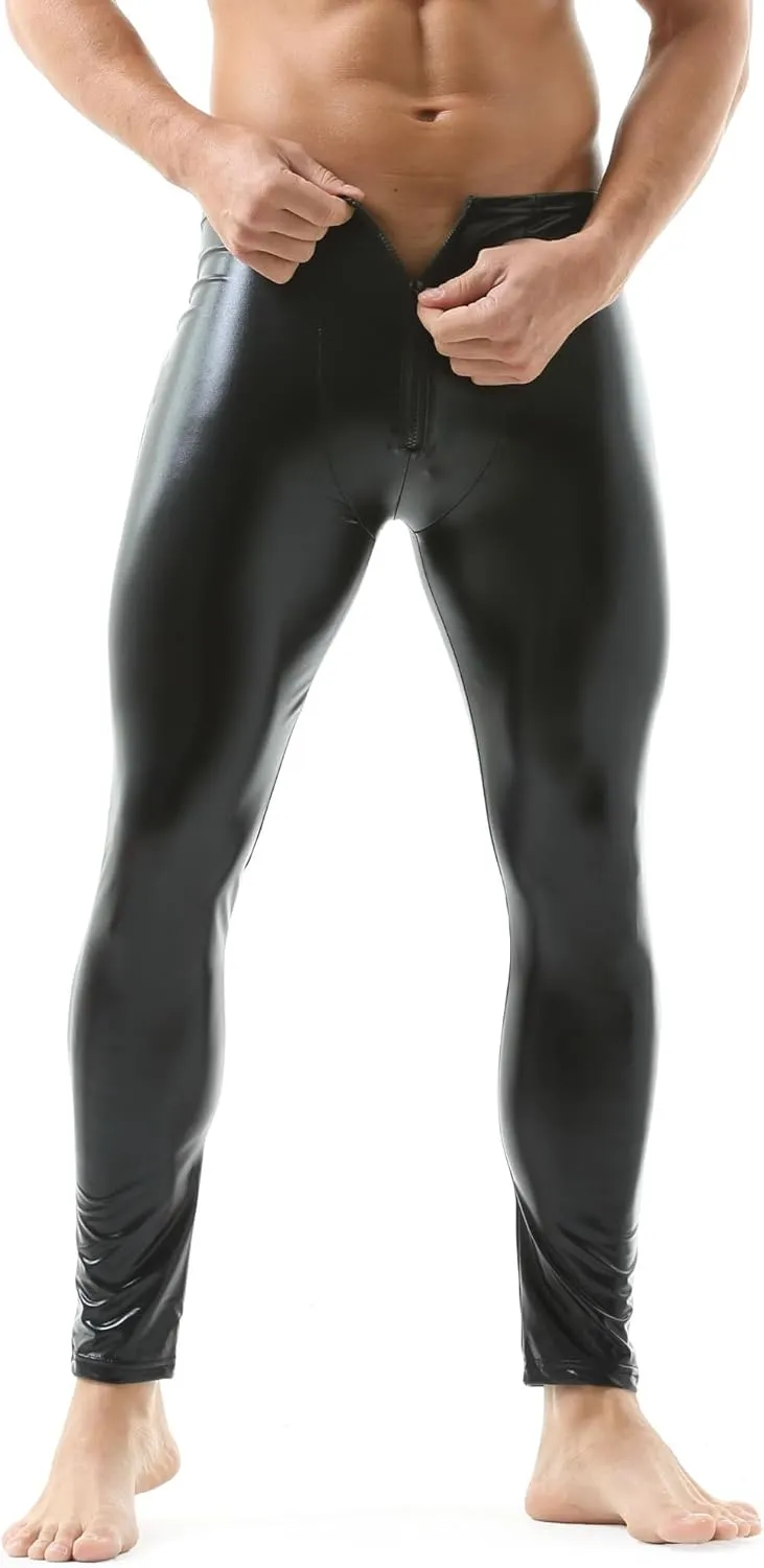 QiaTi Mens Skinny Pants Faux Leather Open Crotch Trousers with Bulge Pouch