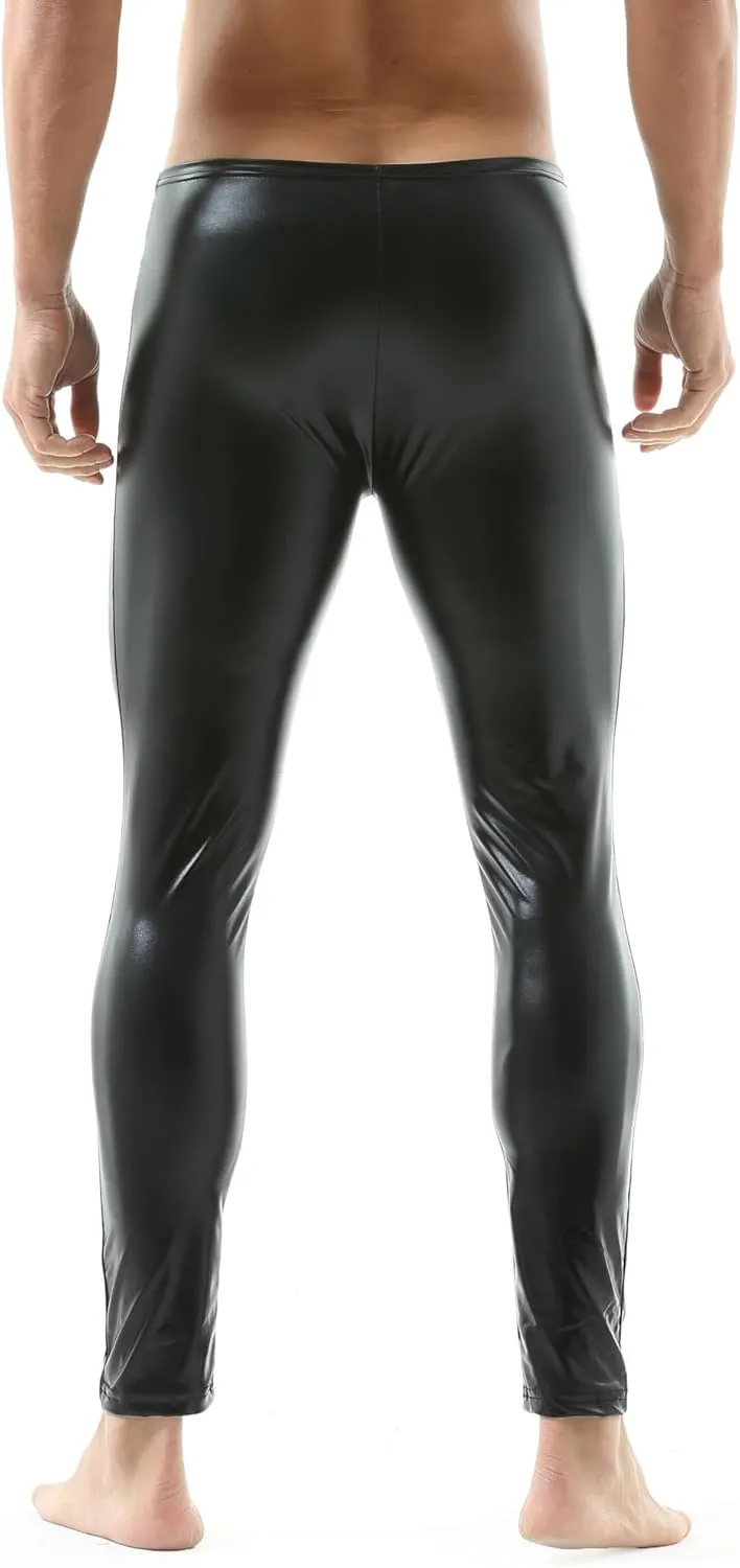 QiaTi Mens Skinny Pants Faux Leather Open Crotch Trousers with Bulge Pouch