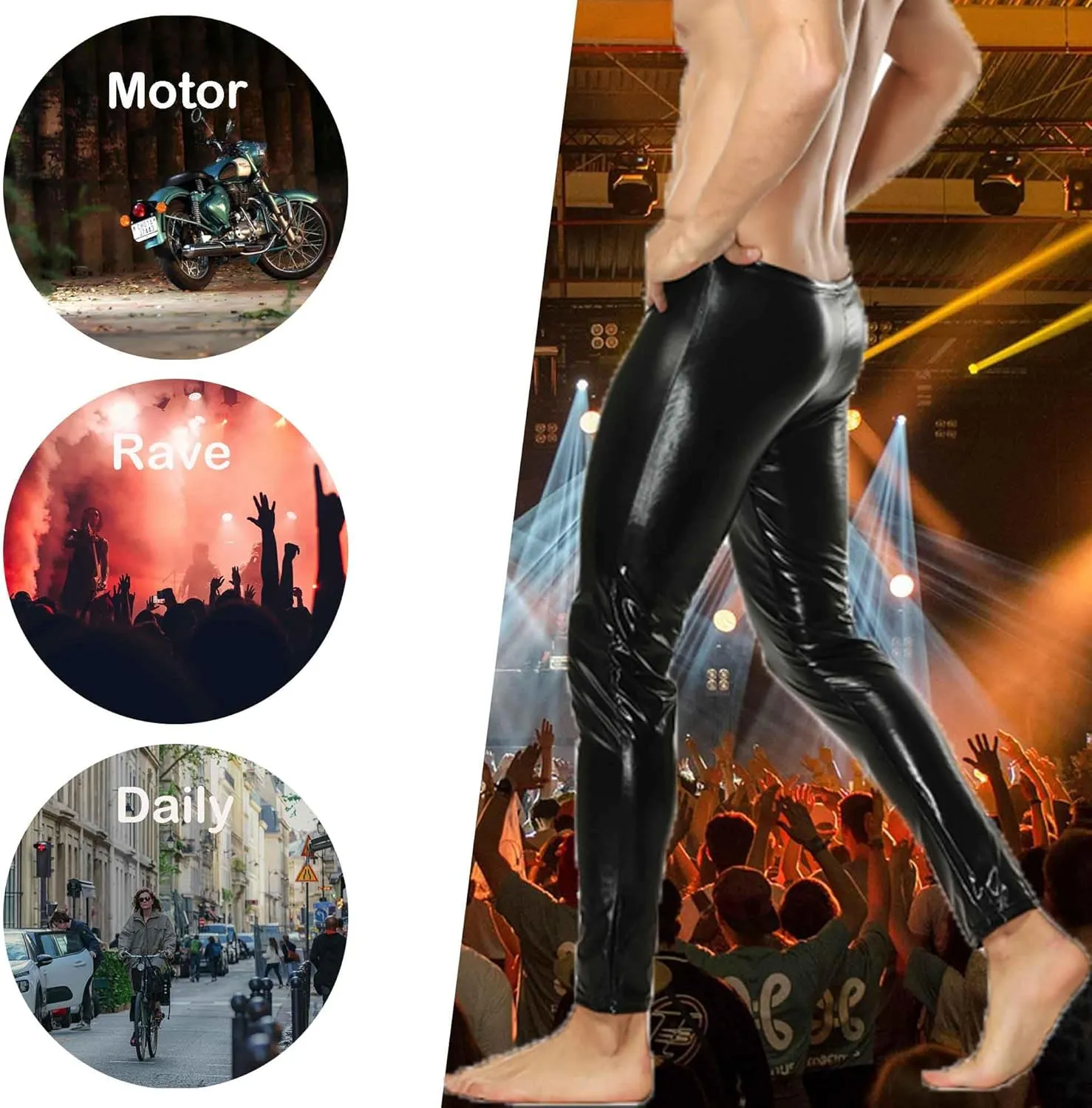QiaTi Mens Skinny Pants Faux Leather Open Crotch Trousers with Bulge Pouch