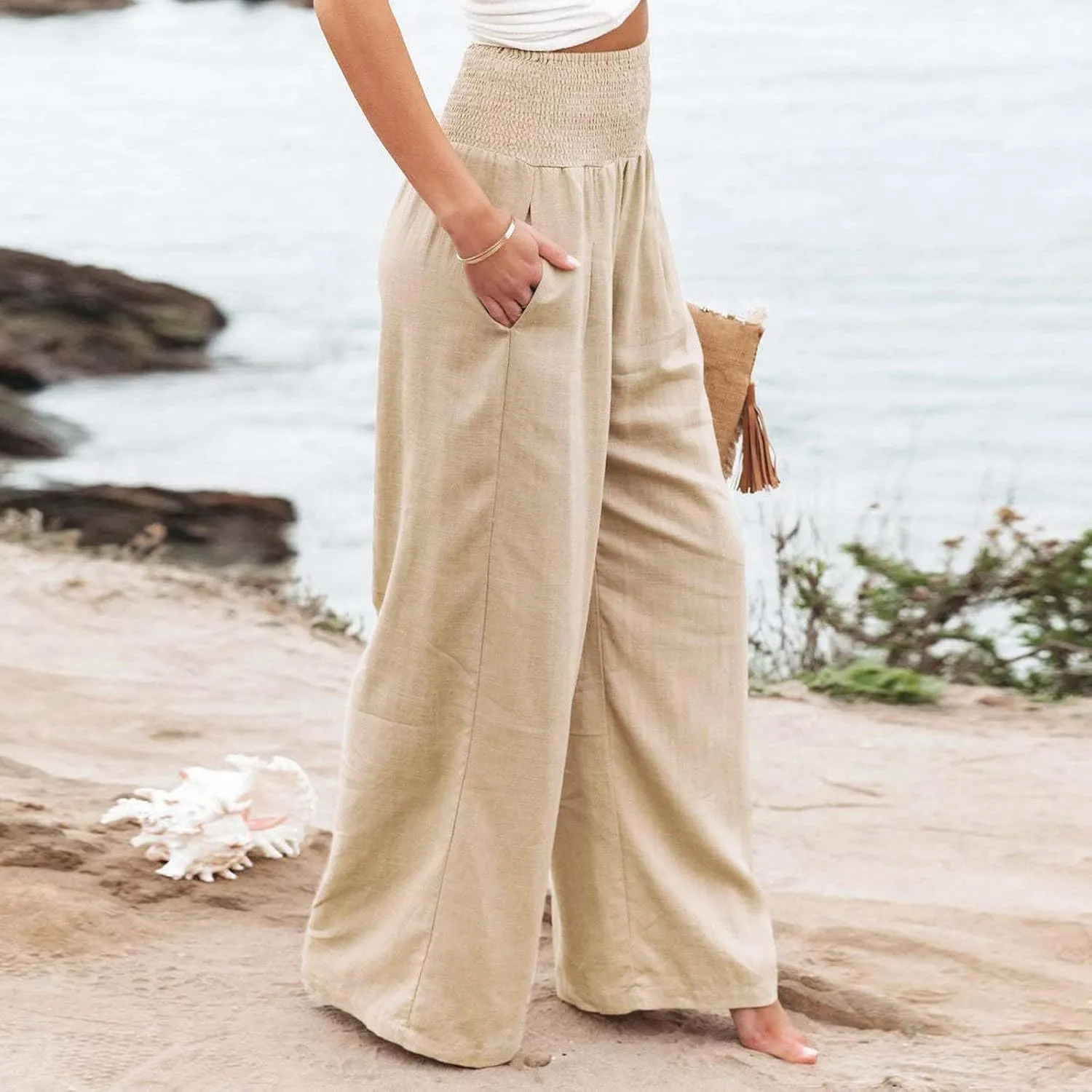 QWENTMTNTY Wide Leg Palazzo Pants for Women Cotton Linen High Waisted Plus Size Summer Pants Casual Work Dressy Trousers