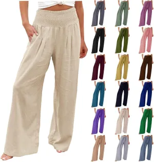 QWENTMTNTY Wide Leg Palazzo Pants for Women Cotton Linen High Waisted Plus Size Summer Pants Casual Work Dressy Trousers