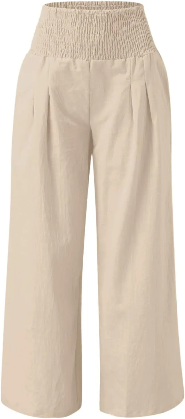 QWENTMTNTY Wide Leg Palazzo Pants for Women Cotton Linen High Waisted Plus Size Summer Pants Casual Work Dressy Trousers