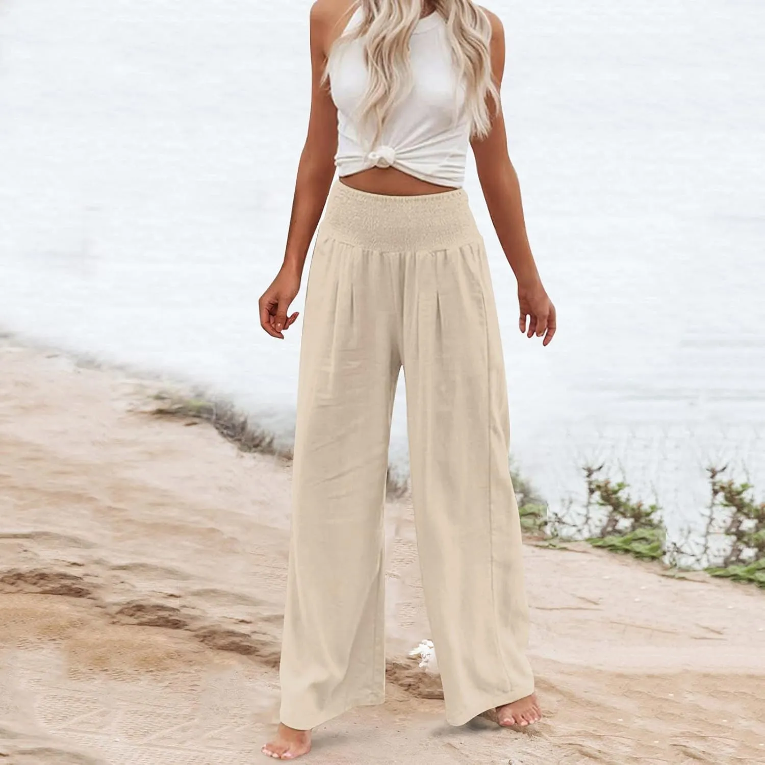 QWENTMTNTY Wide Leg Palazzo Pants for Women Cotton Linen High Waisted Plus Size Summer Pants Casual Work Dressy Trousers