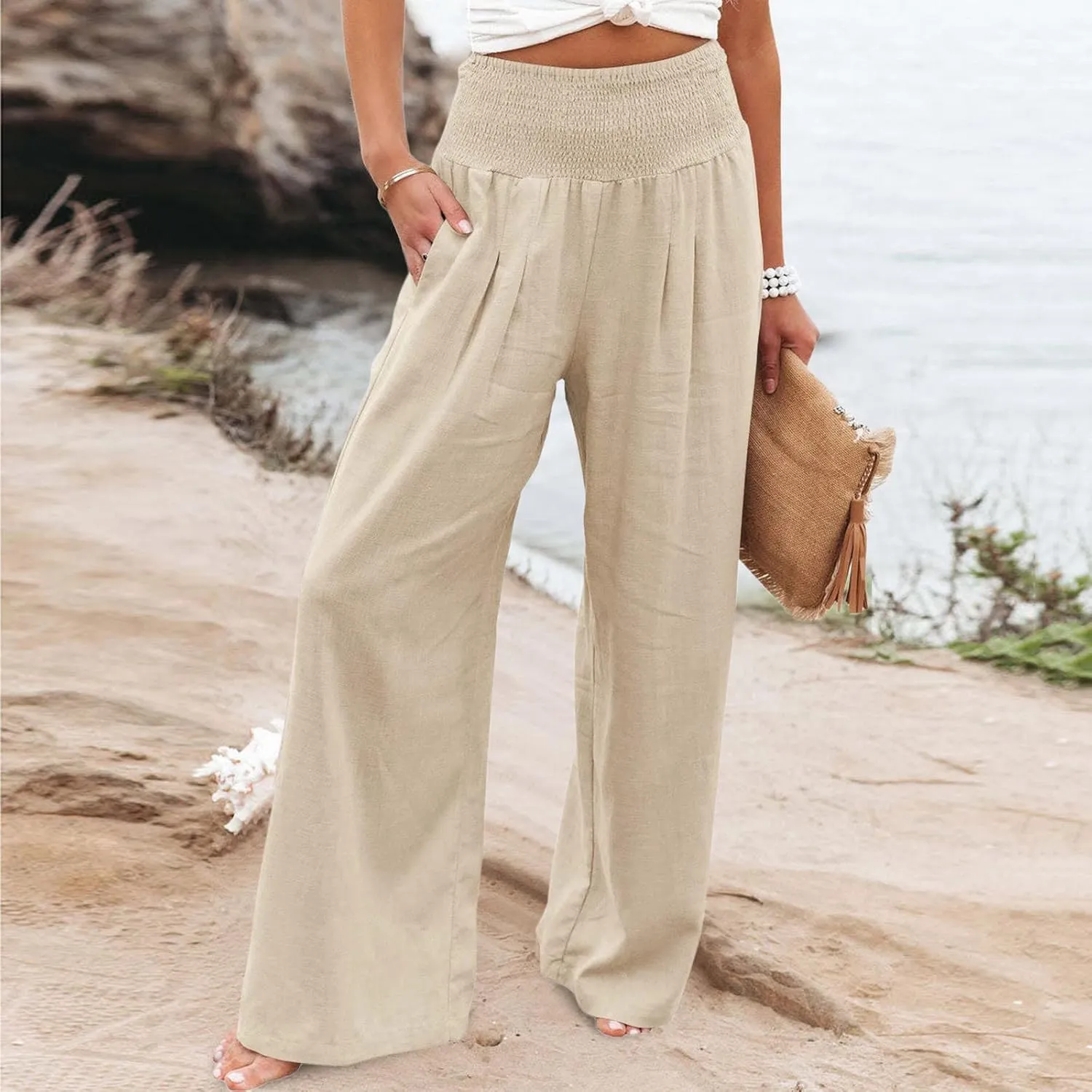 QWENTMTNTY Wide Leg Palazzo Pants for Women Cotton Linen High Waisted Plus Size Summer Pants Casual Work Dressy Trousers