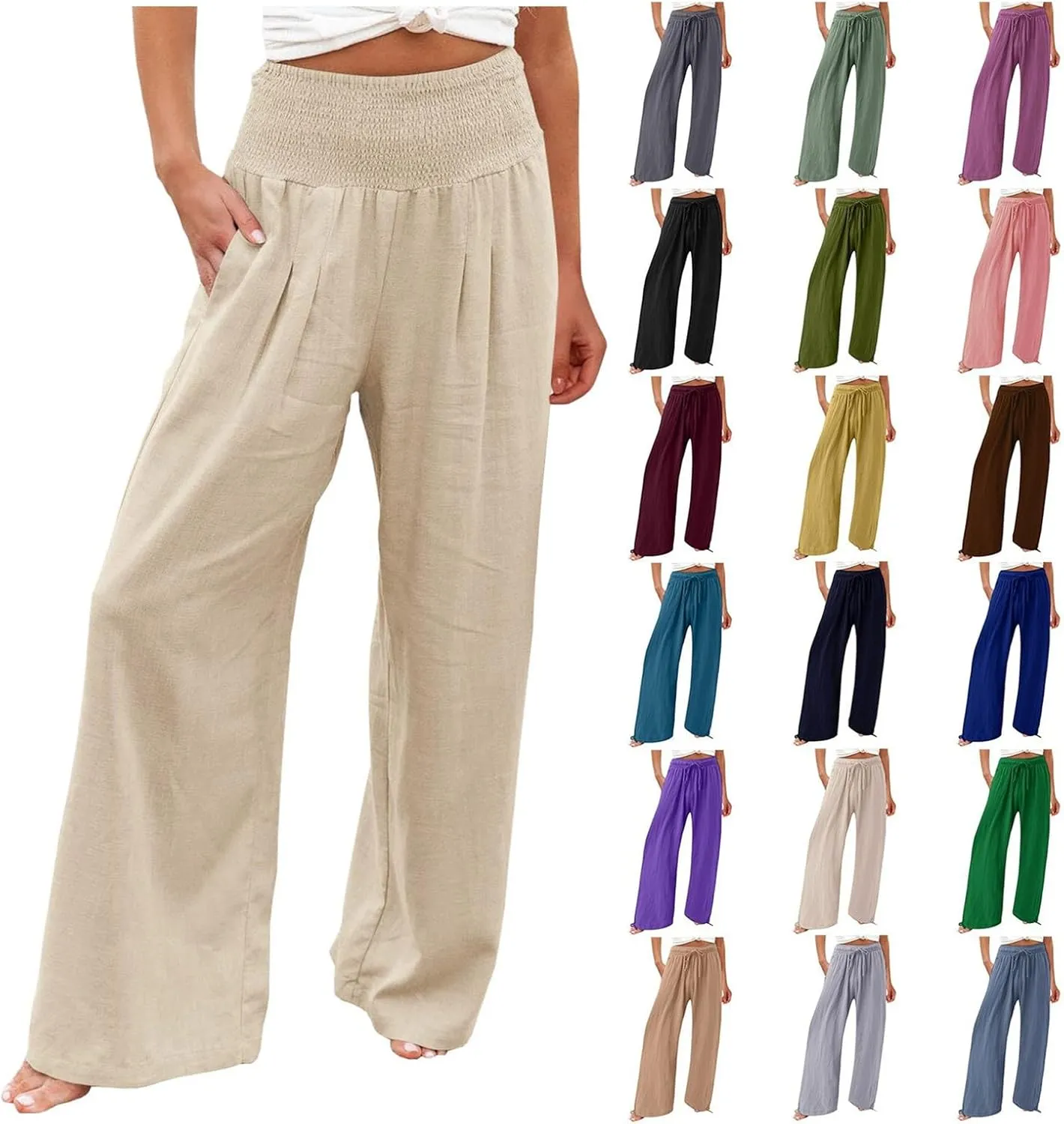 QWENTMTNTY Wide Leg Palazzo Pants for Women Cotton Linen High Waisted Plus Size Summer Pants Casual Work Dressy Trousers