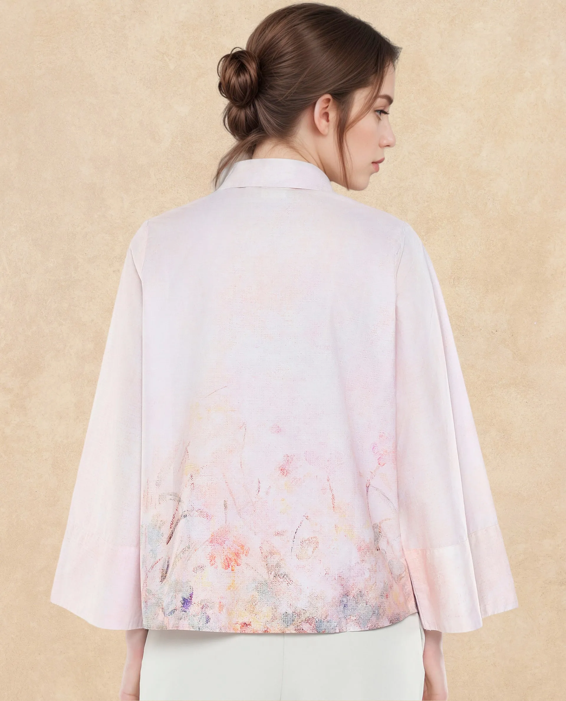 Rareism Women Loko Pink Bell Sleeves Collared Neck Button Closure Floral Print Top
