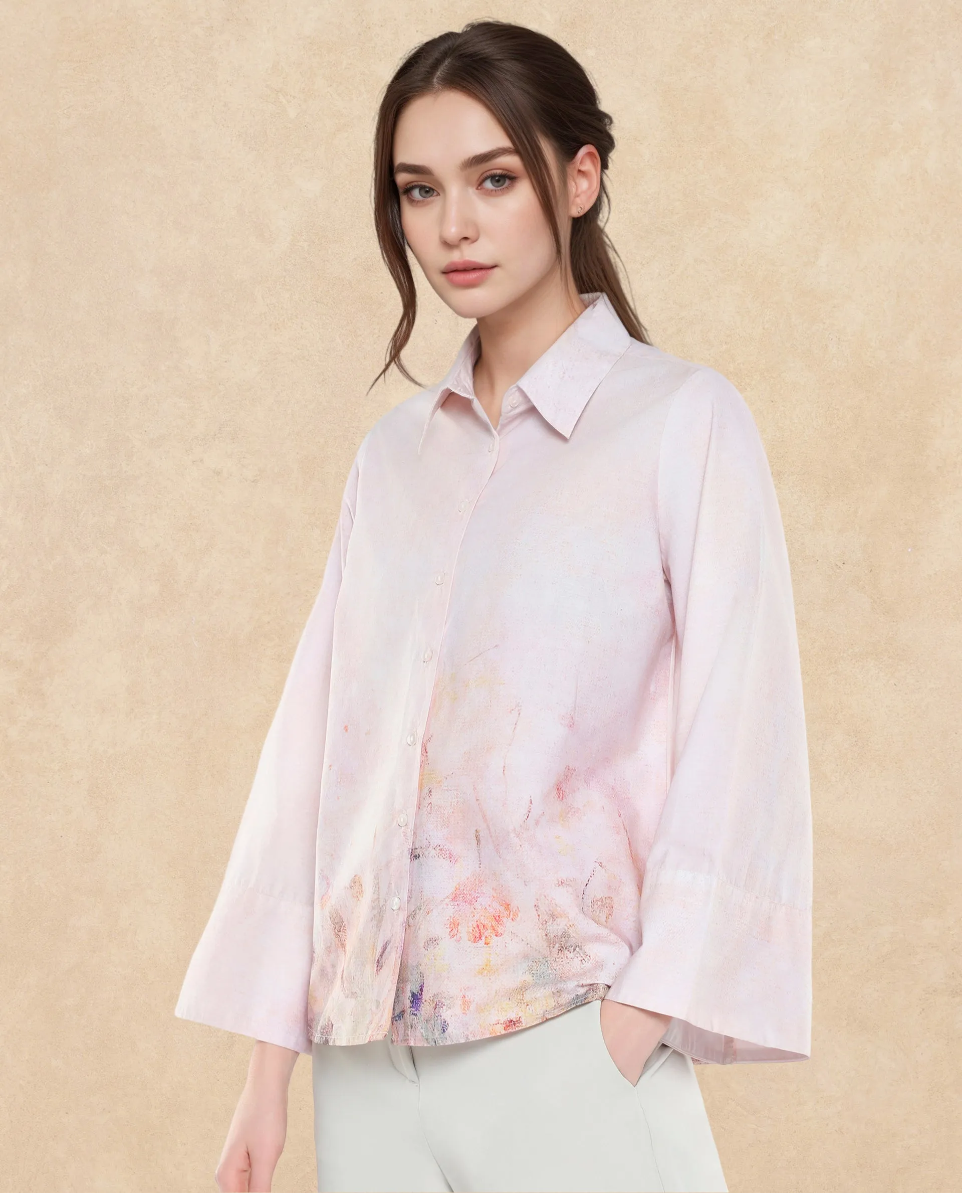 Rareism Women Loko Pink Bell Sleeves Collared Neck Button Closure Floral Print Top