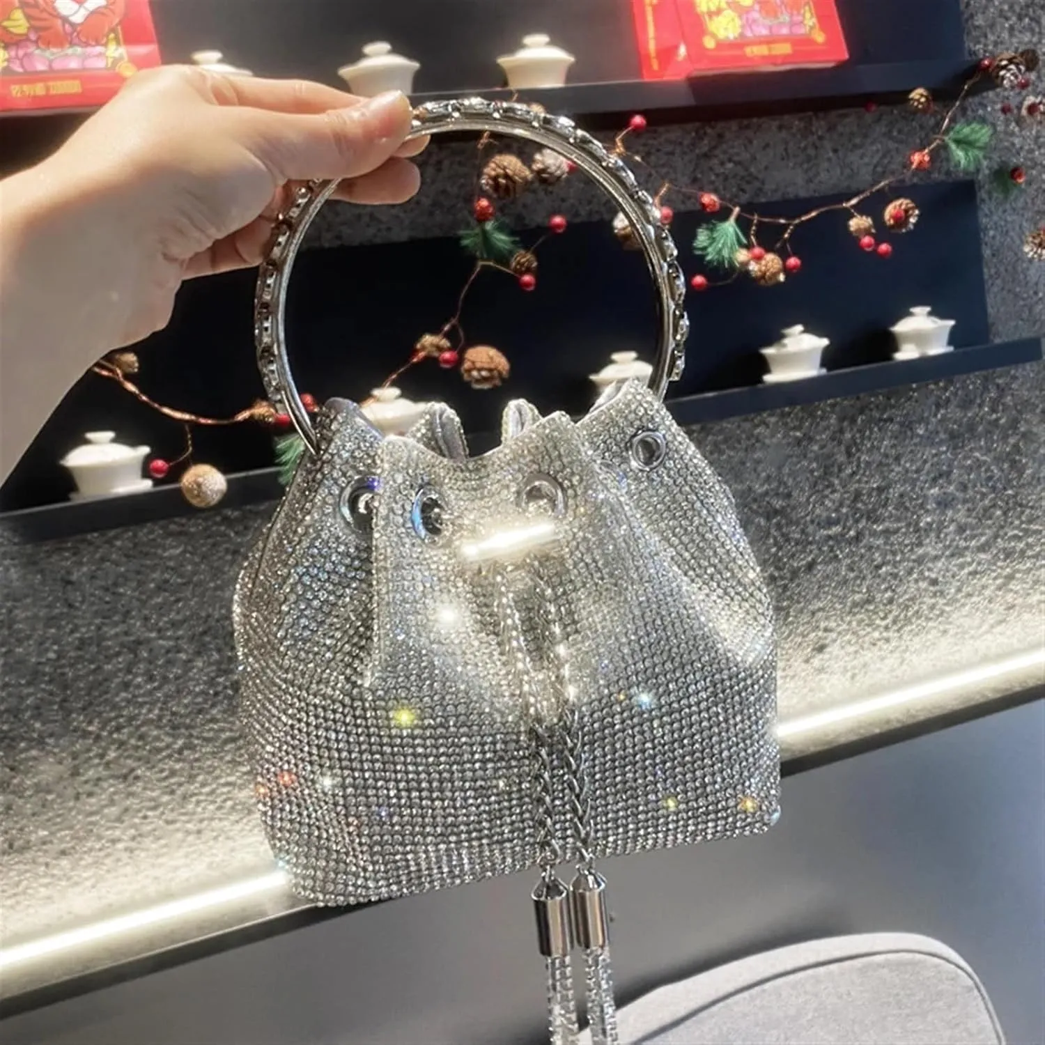 Rhinestone Bags Purses and Handbags Bags for Women Designer Bucket Clutch Purse Evening Banquet Bag Crystal Rhinestone Shoulder Bag(Silver Big 19cm)
