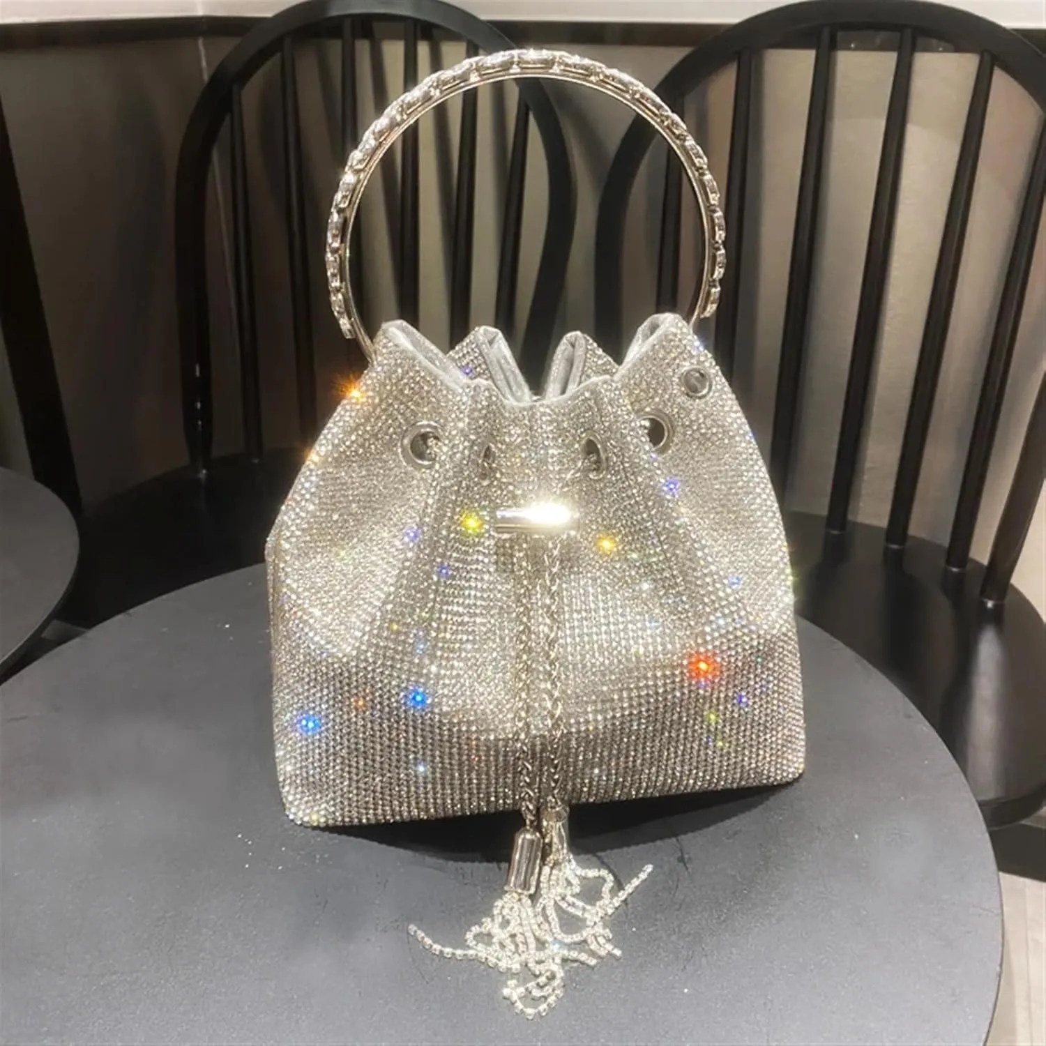 Rhinestone Bags Purses and Handbags Bags for Women Designer Bucket Clutch Purse Evening Banquet Bag Crystal Rhinestone Shoulder Bag(Silver Big 19cm)