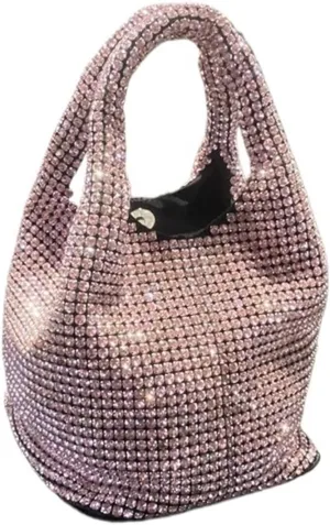Rhinestone Bags Shiny Crystal Clutch Purse Bucket Shoulder Bag Rhinestone Handmade Purses and Handbags Luxury Designer Evening Clutch Bag Purse(Pink)