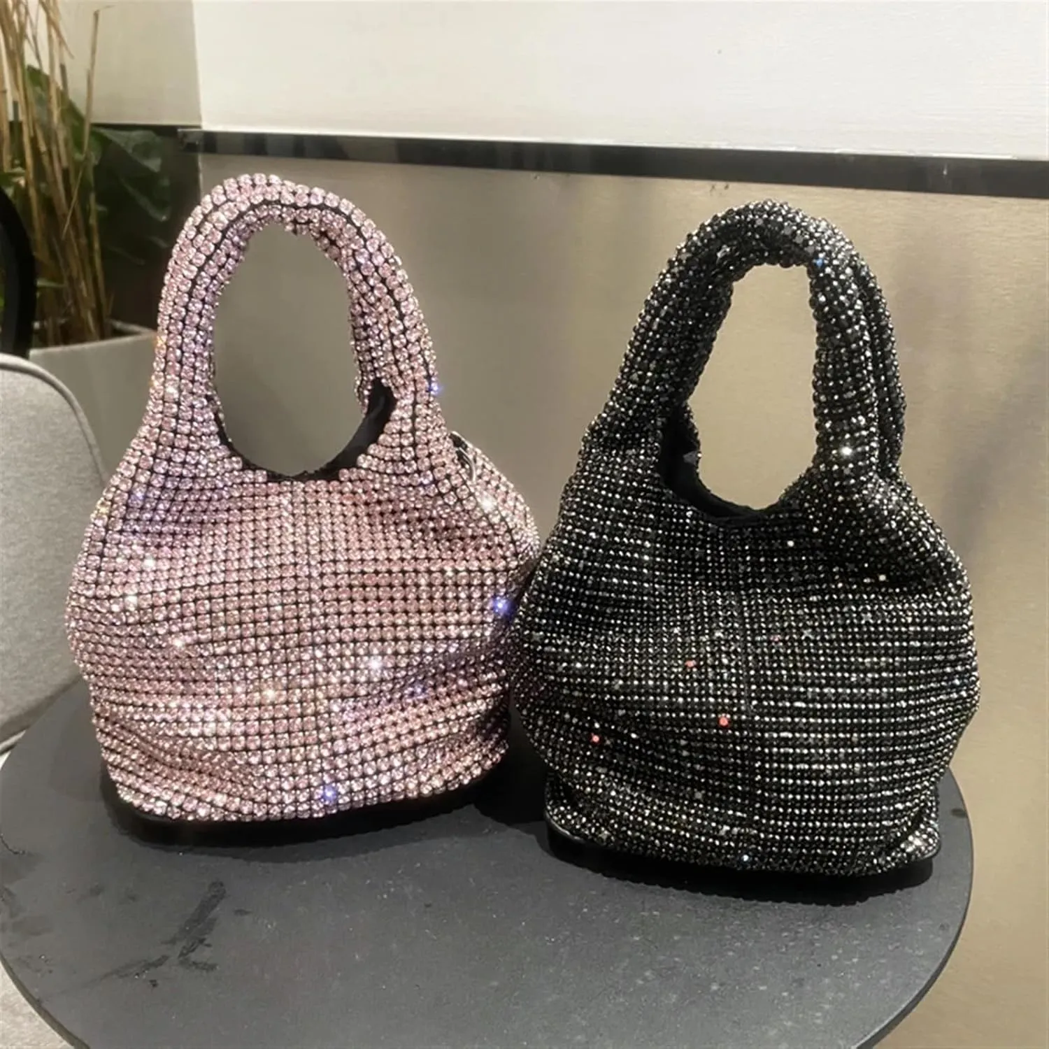 Rhinestone Bags Shiny Crystal Clutch Purse Bucket Shoulder Bag Rhinestone Handmade Purses and Handbags Luxury Designer Evening Clutch Bag Purse(Pink)
