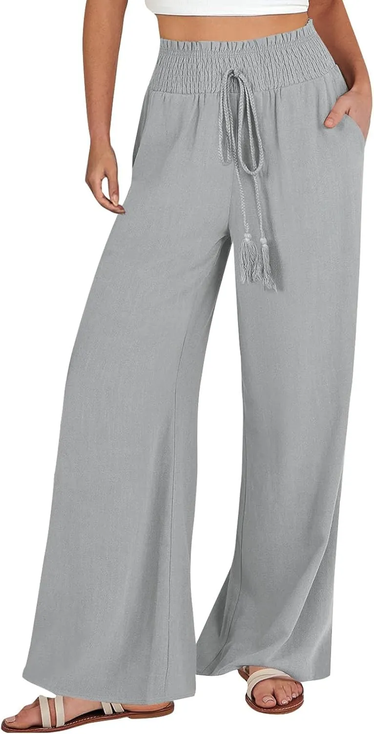 sdbrld Linen Pants Women High Waisted Lightweight Pants Drawstring Straight Leg Trousers Summer Elastic Pants with Pockets