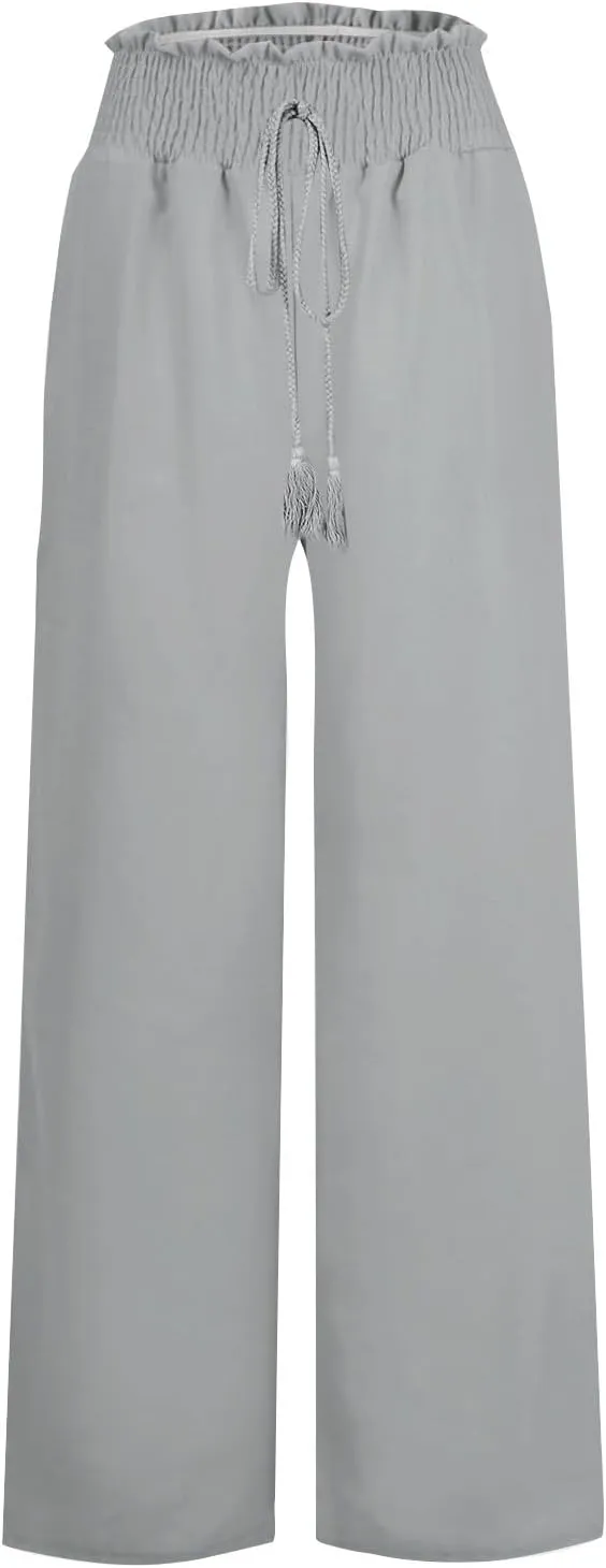 sdbrld Linen Pants Women High Waisted Lightweight Pants Drawstring Straight Leg Trousers Summer Elastic Pants with Pockets