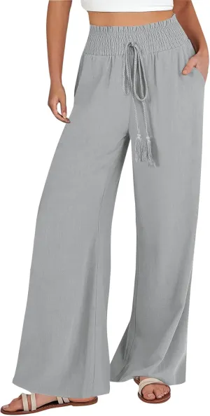 sdbrld Linen Pants Women High Waisted Lightweight Pants Drawstring Straight Leg Trousers Summer Elastic Pants with Pockets