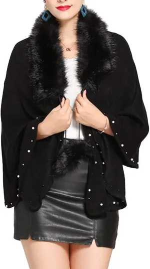 SEMATOMALA Women's Winter/Autumn Bridal Faux Cashmere Fur Collar Cardigan Shawl Wraps Cloak Coat Poncho Cape Jacket Outwear