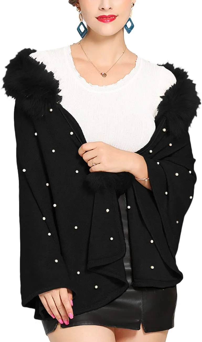 SEMATOMALA Women's Winter/Autumn Bridal Faux Cashmere Fur Collar Cardigan Shawl Wraps Cloak Coat Poncho Cape Jacket Outwear
