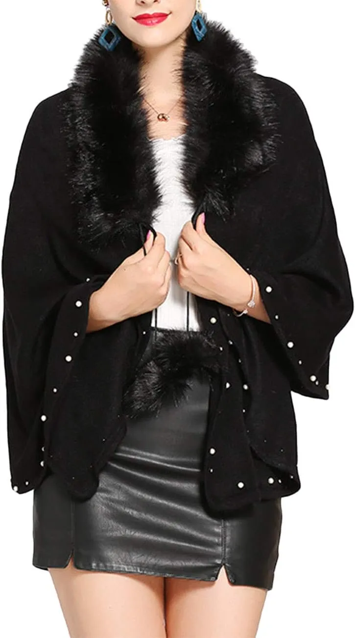 SEMATOMALA Women's Winter/Autumn Bridal Faux Cashmere Fur Collar Cardigan Shawl Wraps Cloak Coat Poncho Cape Jacket Outwear