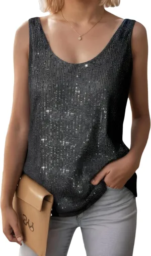 Sequin Sleeveless Tank Tops for Women, Scoop Neck Womens Silver Sparkly top