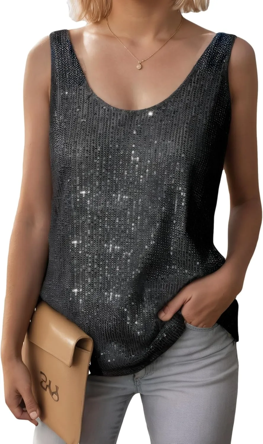 Sequin Sleeveless Tank Tops for Women, Scoop Neck Womens Silver Sparkly top