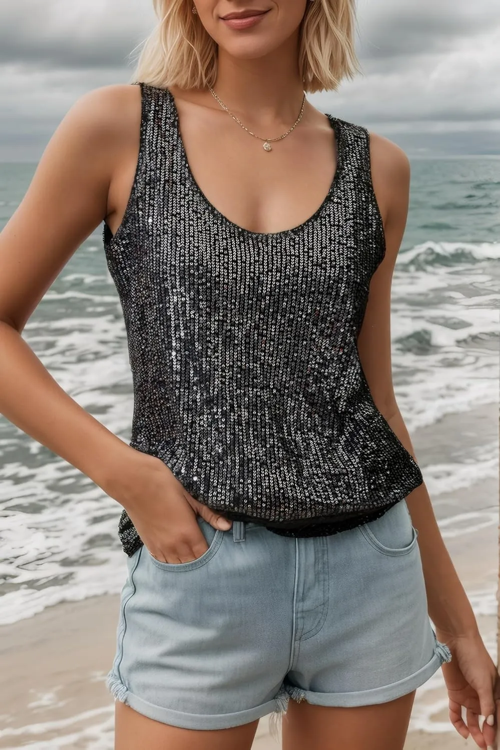 Sequin Sleeveless Tank Tops for Women, Scoop Neck Womens Silver Sparkly top