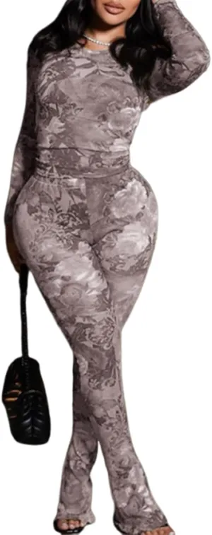 Sexy 2 Piece Set Jumpsuit for Women Floral Print See Through Mesh Long Sleeve Going Out Top and Flare Pants Sets