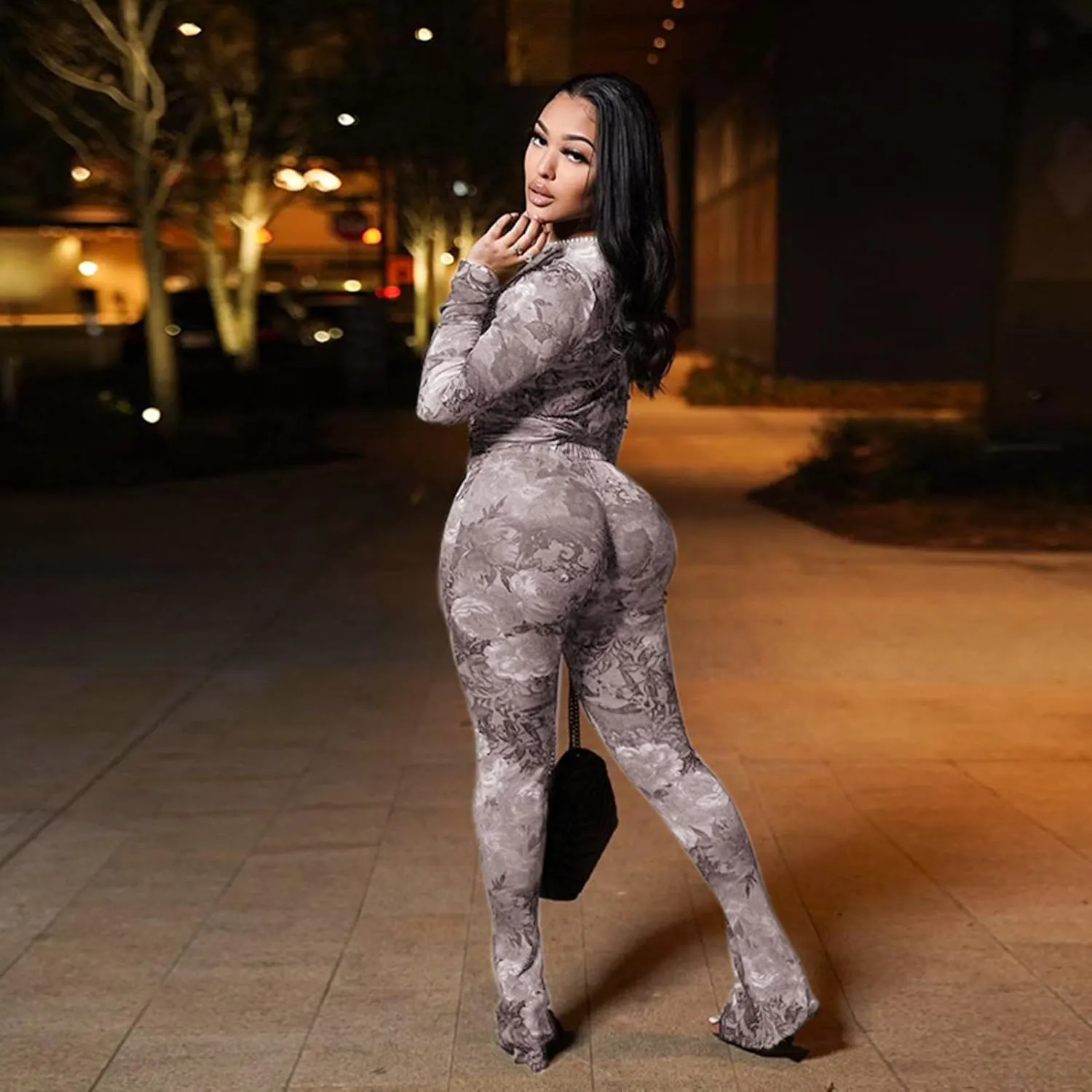 Sexy 2 Piece Set Jumpsuit for Women Floral Print See Through Mesh Long Sleeve Going Out Top and Flare Pants Sets