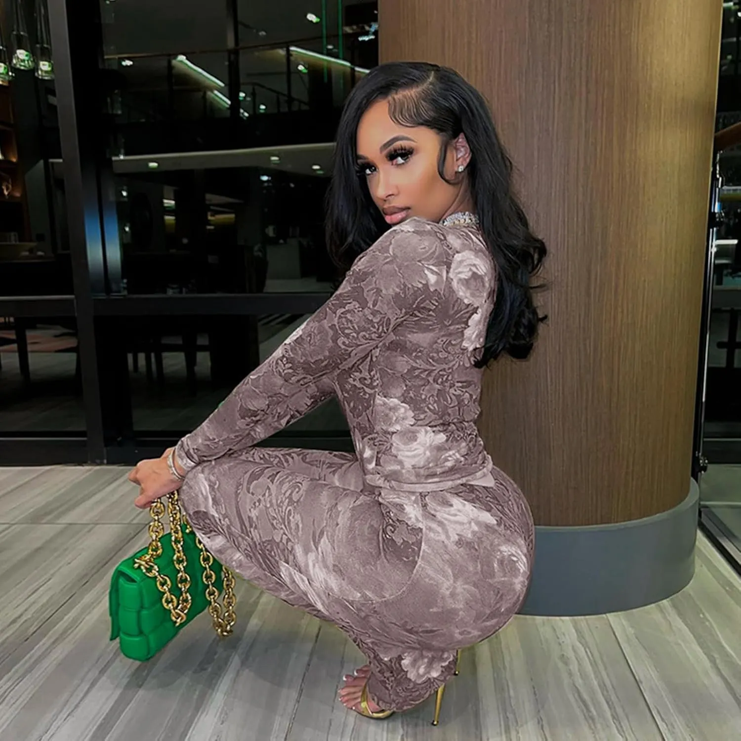 Sexy 2 Piece Set Jumpsuit for Women Floral Print See Through Mesh Long Sleeve Going Out Top and Flare Pants Sets