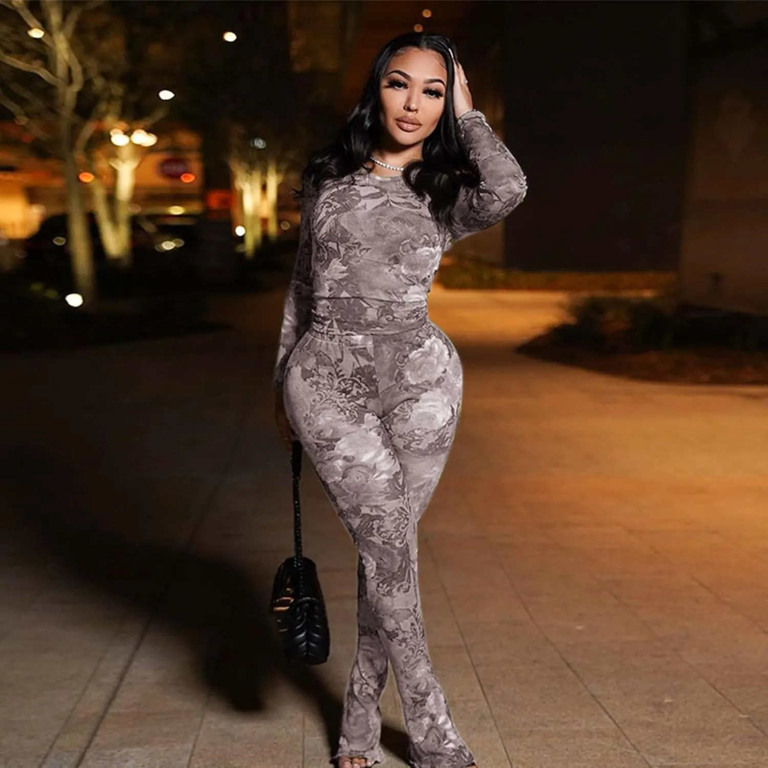 Sexy 2 Piece Set Jumpsuit for Women Floral Print See Through Mesh Long Sleeve Going Out Top and Flare Pants Sets