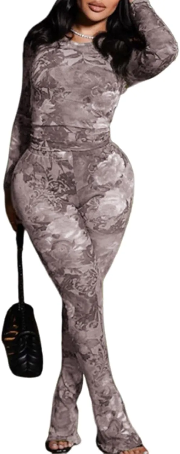 Sexy 2 Piece Set Jumpsuit for Women Floral Print See Through Mesh Long Sleeve Going Out Top and Flare Pants Sets