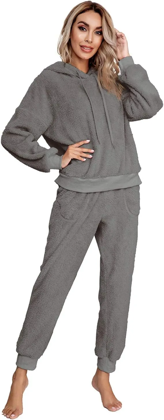 SIAEAMRG Womens Fuzzy Sherpa Fleece Pajamas Set, Long Sleeve Hoodies Pajama Pants 2 Piece Outfits Loungewear Sleepwear