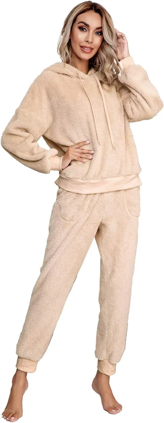 SIAEAMRG Womens Fuzzy Sherpa Fleece Pajamas Set, Long Sleeve Hoodies Pajama Pants 2 Piece Outfits Loungewear Sleepwear