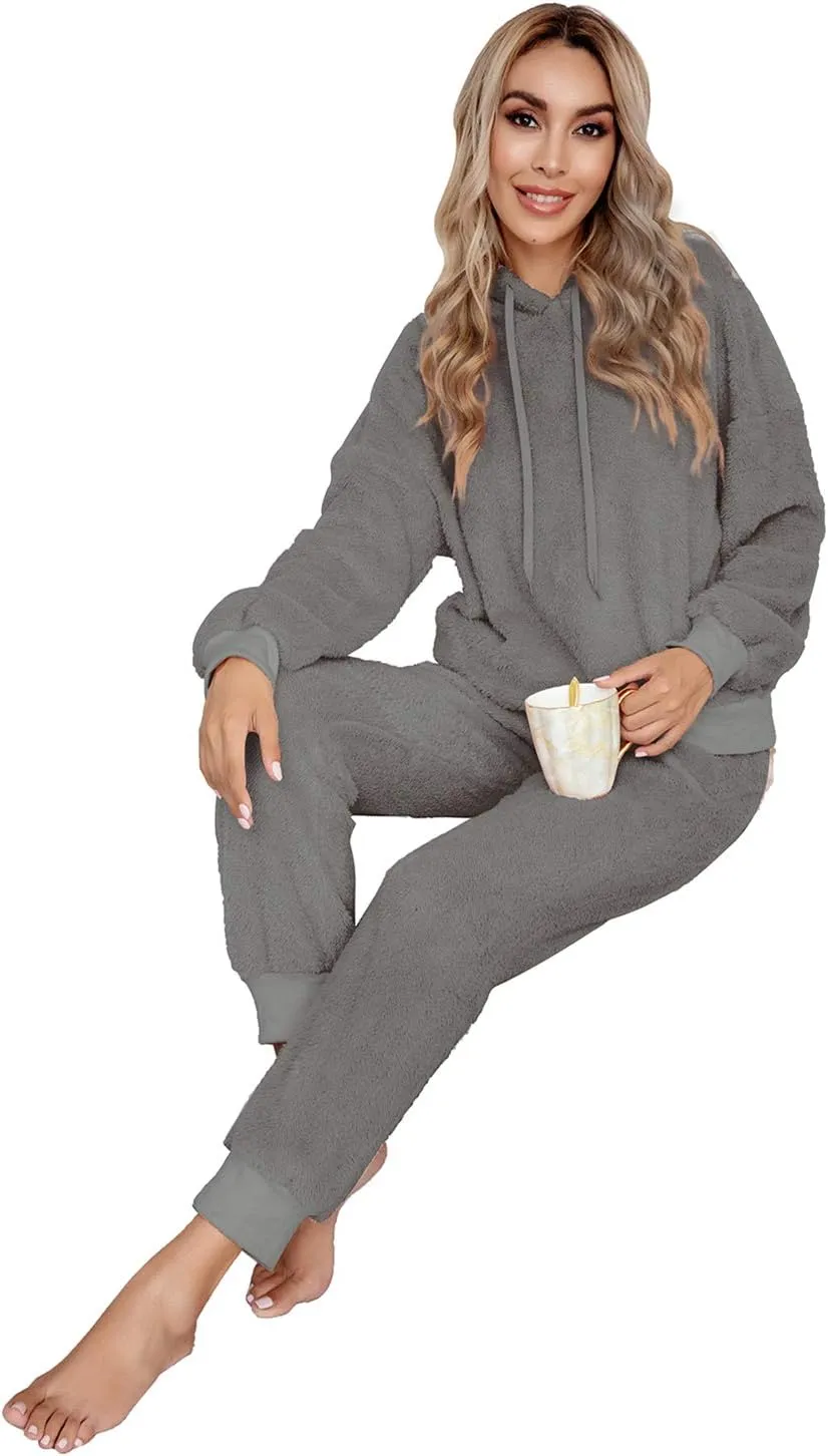 SIAEAMRG Womens Fuzzy Sherpa Fleece Pajamas Set, Long Sleeve Hoodies Pajama Pants 2 Piece Outfits Loungewear Sleepwear