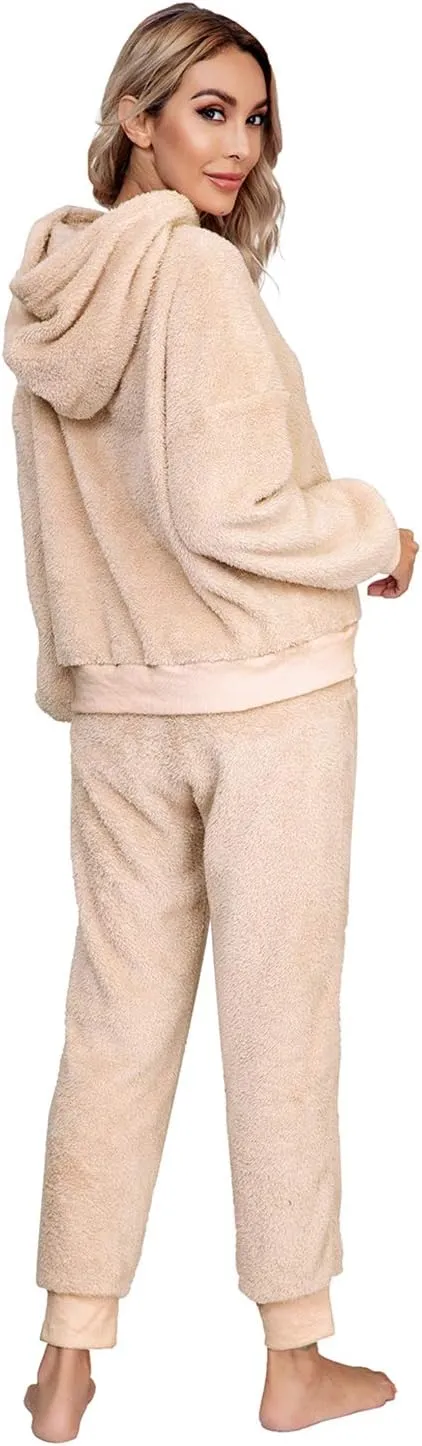 SIAEAMRG Womens Fuzzy Sherpa Fleece Pajamas Set, Long Sleeve Hoodies Pajama Pants 2 Piece Outfits Loungewear Sleepwear