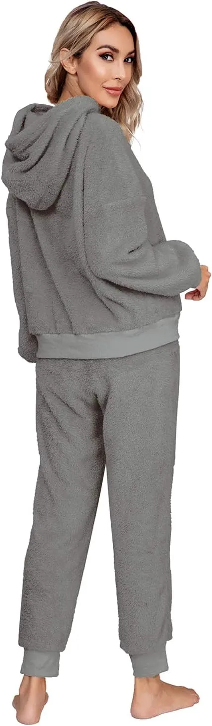 SIAEAMRG Womens Fuzzy Sherpa Fleece Pajamas Set, Long Sleeve Hoodies Pajama Pants 2 Piece Outfits Loungewear Sleepwear