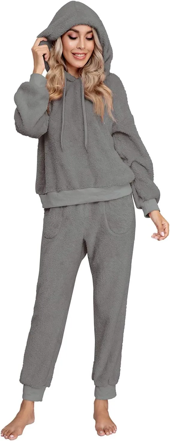 SIAEAMRG Womens Fuzzy Sherpa Fleece Pajamas Set, Long Sleeve Hoodies Pajama Pants 2 Piece Outfits Loungewear Sleepwear