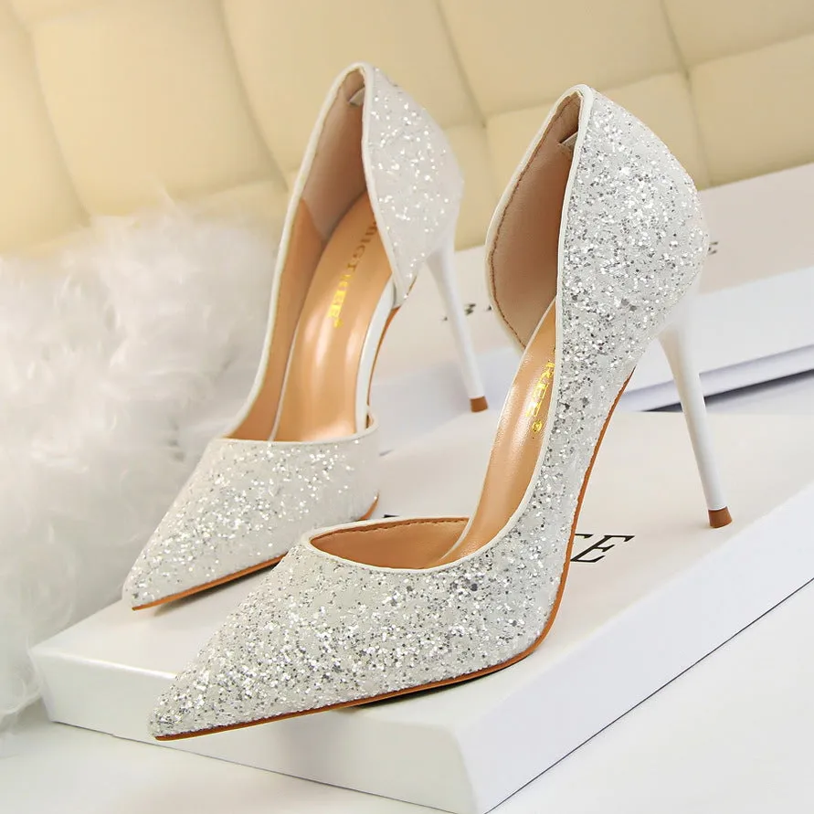 Side Hollow Out Sequin Heels