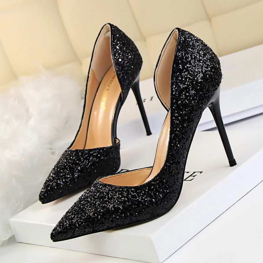 Side Hollow Out Sequin Heels