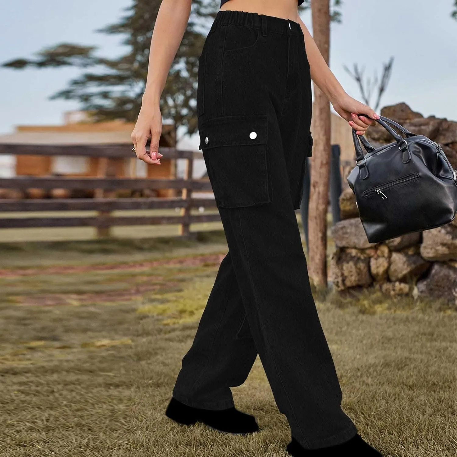 SMIDOW High Waist Denim Cargo Pants for Women Casual Baggy Straight Wide Leg Pants Trendy Y2K Streetwear Jeans